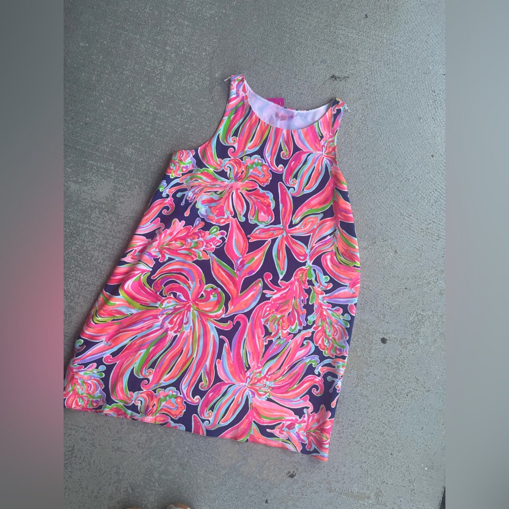 Lilly Pulitzer JACKIE SHIFT SILK DRESS : Resort Navy Banana Flambe Size Large